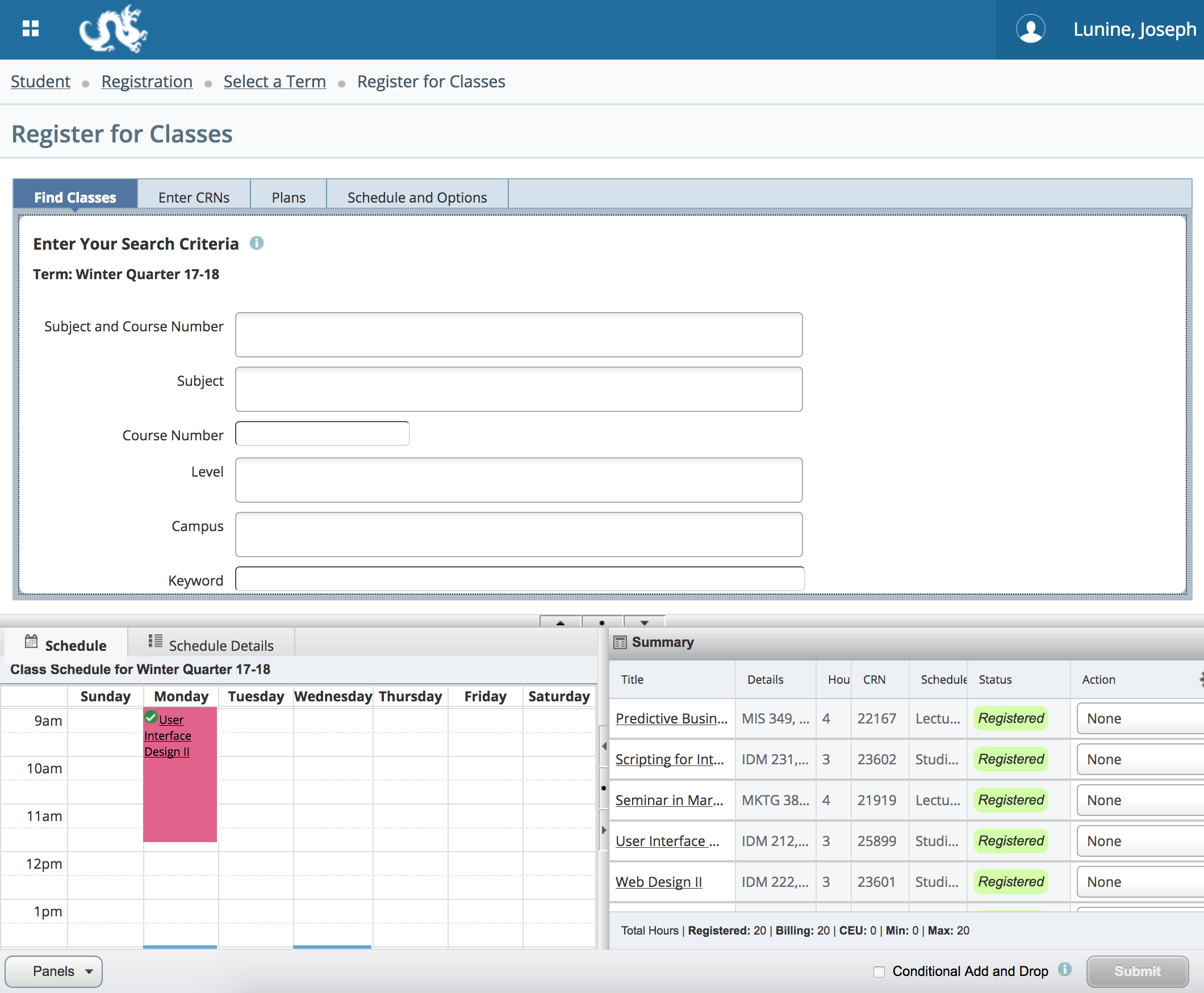 Image of the register for classes screen